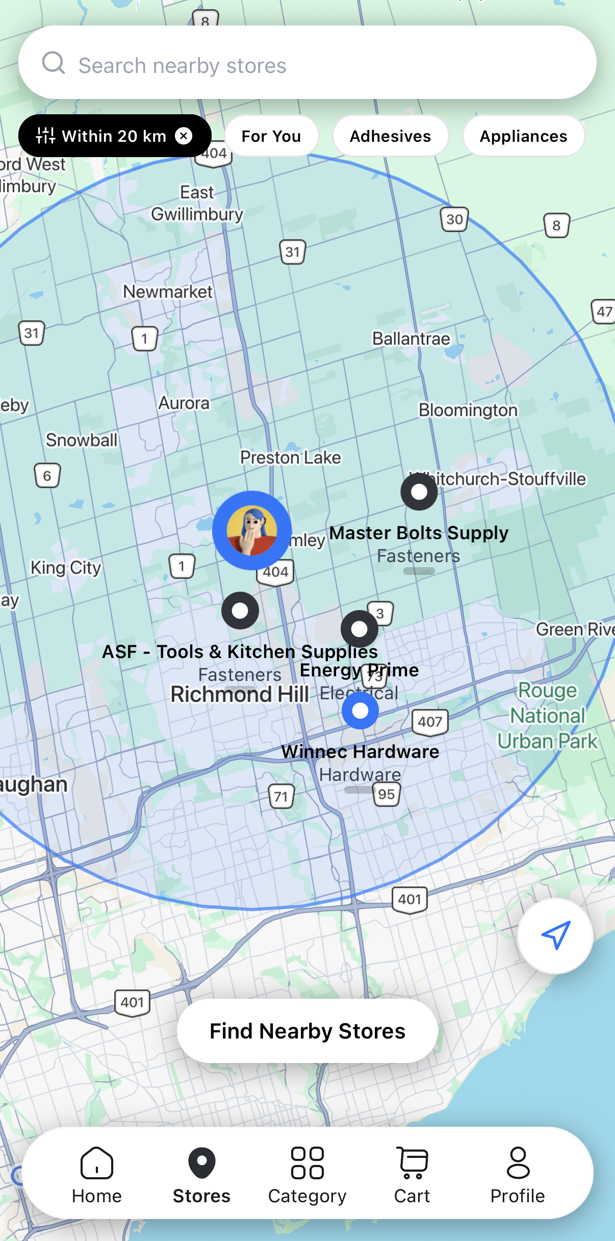 Map of nearby suppliers within your radius