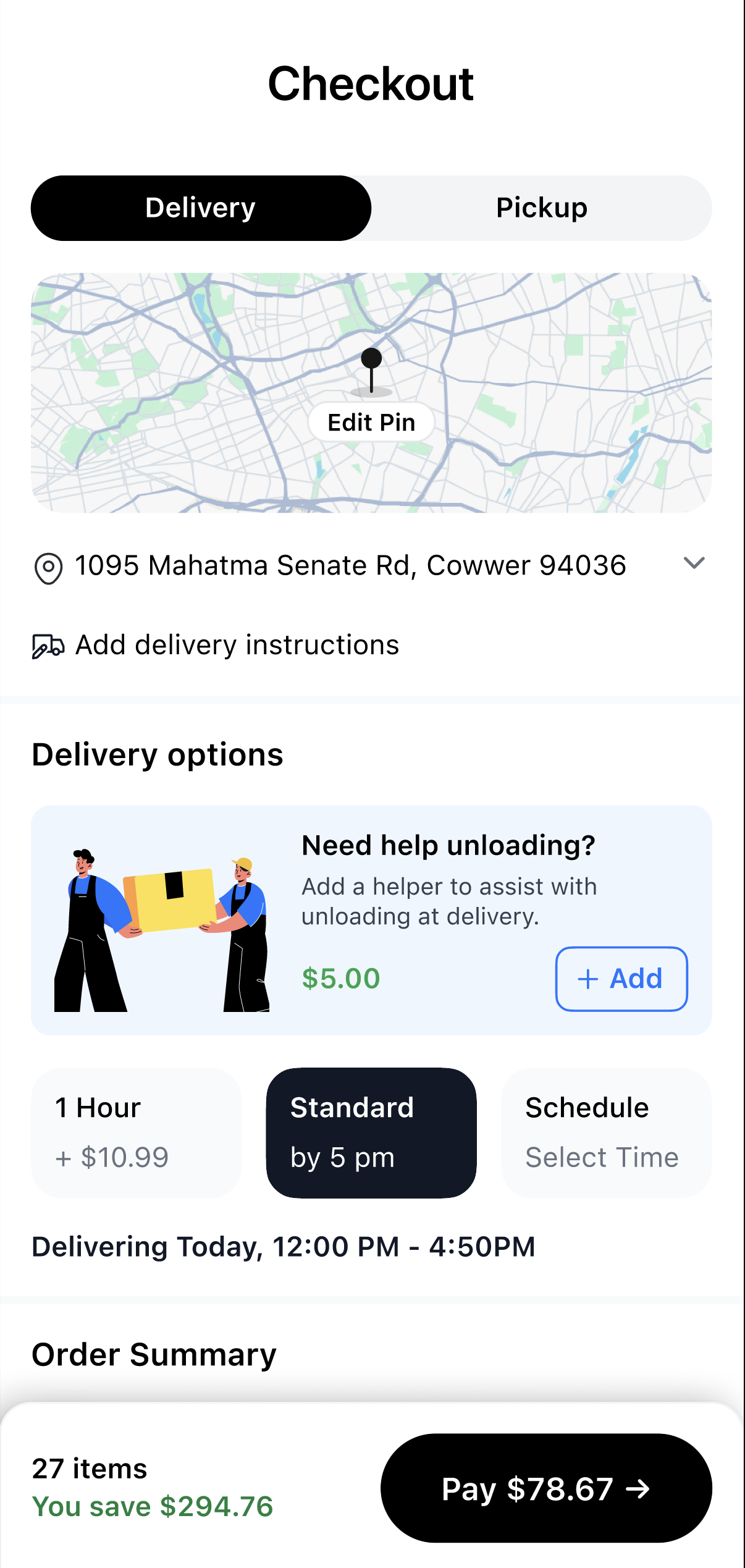 Checkout with delivery options and order summary